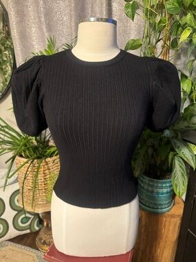 Zara Black Ribbed Puff Sleeve Top